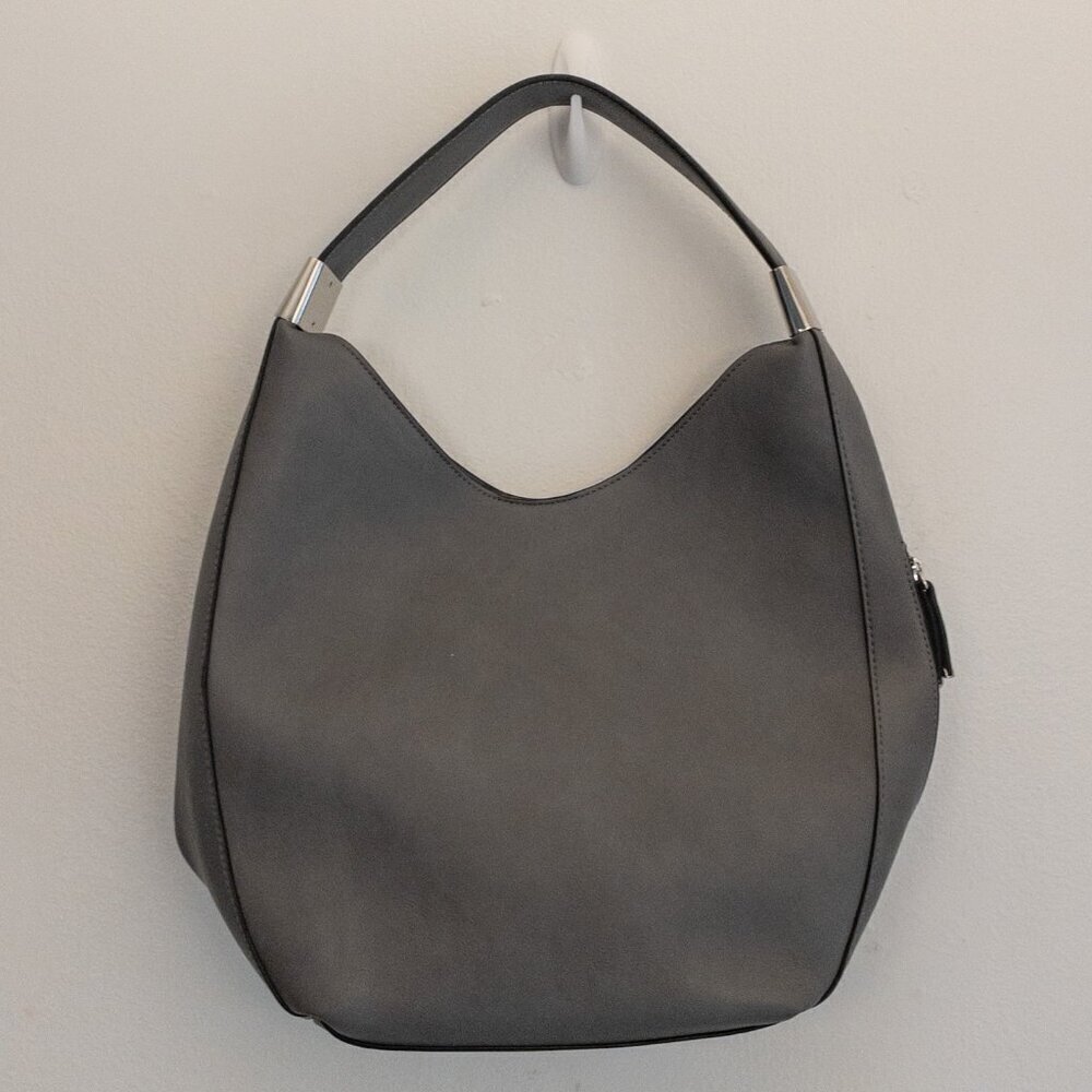 Alfani Gray Faux Leather Hobo Shoulder Bag | Slouchy Modern Tote - Picture 3 of 6